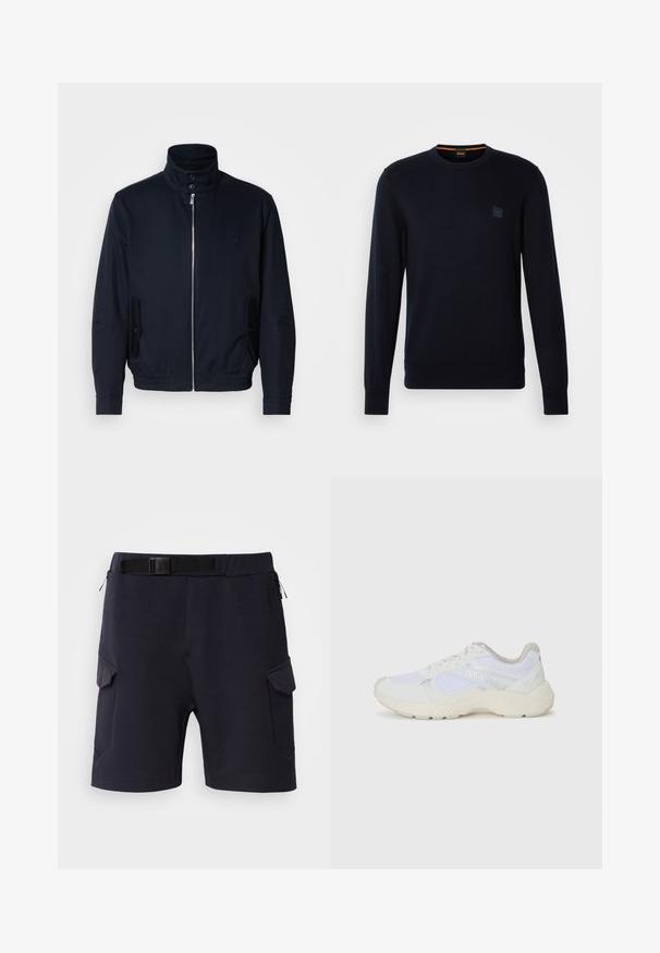 Námořnická modrá bunda s vysokým límcem, předním zipem, bočními kapsami a žebrovanými manžetami. Hladká textura s jemným logem na hrudi.; Námornícka modrá pletená mikina s dlhými rukávmi, okrúhlym výstrihom, rebrovanými manžetami a lemom, s malou štvorcovou nášivkou na hrudi.; Námornícke šortky vyrobené z hladkého materiálu s pásom, obsahujúce dve bočné vrecká a šikmé akcenty na nohách.; Biele atletické topánky vyrobené z materiálov sieťoviny a semišu, s textúrovanou strednou podošvou, textúrovanými akcentmi a logom "HUGO" na boku.