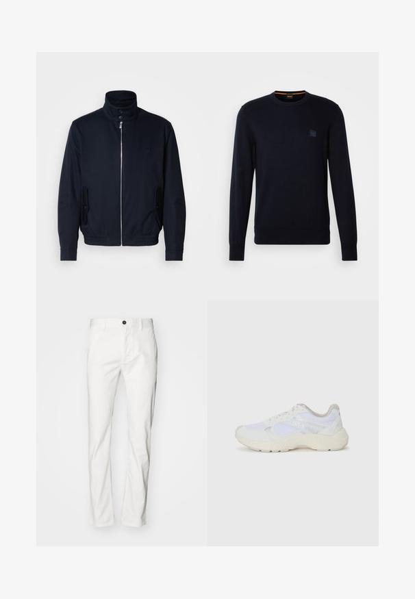 Marineblå jakke med høy krage, glidelås foran, sidelommer og ribbestrikkede mansjetter. Glatt tekstur med en subtil logo detaljer på brystet.; Marineblå strikkegenser med lange ermer, rund hals, ribbestrikkede mansjetter og nederkant, med et lite firkantet logo-patch på brystet.; Hvite bomullsbukser med rett snitt, med knappelukking og lommer, glatt tekstur og minimalistisk stil.; Hvit idrettssko laget av mesh og skinn, med en teksturert mellomsåle, teksturerte detaljer og "HUGO"-logo på siden.