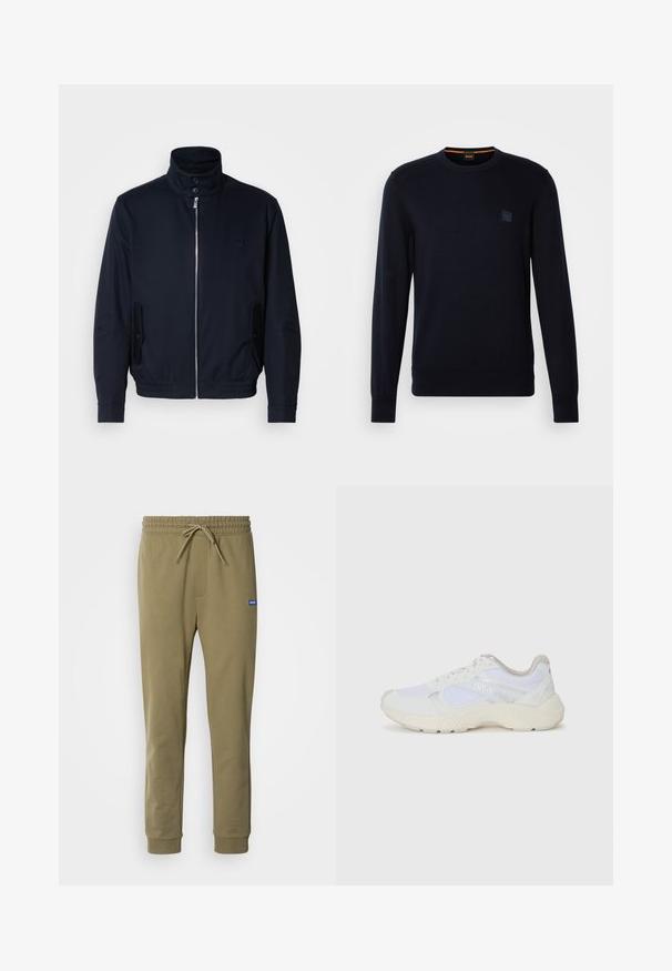 Casaco azul marinho com colarinho alto, fecho éclair frontal, bolsos laterais e punhos canelados. Textura suave com um detalhe logo discreto no peito.; Suéter de malha azul-marinho com mangas longas, decote redondo, punhos e bainha canelados, apresentando um pequeno patch logo quadrado no peito.; Calças de treino verde-oliva com cintura elástica e cordão. Apresenta bolsos laterais e punhos em malha. Feitas de um material macio e elástico.; Ténis brancos desportivos feitos de malha e camurça, com uma entressola texturizada, elementos texturizados e o logótipo "HUGO" na lateral.