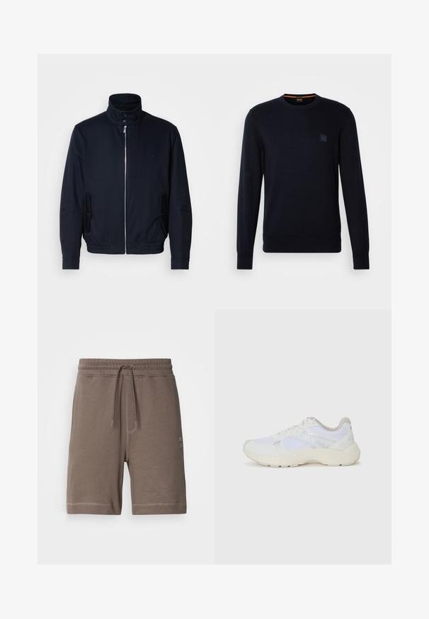 Tamno plava jakna s visokim ovratnikom, prednjim patentnim zatvaračem, bočnim džepovima i rebrastim manžetama. Glatka tekstura s suptilnim logotipom na prsima.; Tamnoplavi pleteni pulover s dugim rukavima, okruglim izrezom, rebrastim manžetama i donjim rubom, s malim kvadratnim logotipom na prsima.; Smeđi kratki hlače od pamučnog mješavine s elastičnim pojasom, podesivom žicom i bočnim džepovima. Imaju kontrastne šavove i logotip.; Bijele atletske tenisice napravljene od mrežastog materijala i kože antilop, s teksturiranom srednjom potplatom, teksturiranim detaljima i "HUGO" logotipom sa strane.