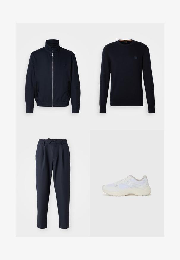 Navy blue jacket with a high collar, front zipper, side pockets, and ribbed cuffs. Smooth texture with a subtle logo detail on the chest.; Navy blue knit sweater with long sleeves, crew neckline, ribbed cuffs and hem, featuring a small square logo patch on the chest.; Navy trousers with an elastic waistband, drawstring detail, tapered leg design, smooth texture, and side pockets.; White athletic shoes made of mesh and suede, featuring a textured midsole, textured accents, and "HUGO" logo on the side.