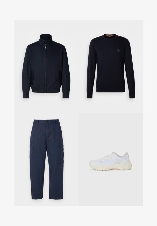 Námořnická modrá bunda s vysokým límcem, předním zipem, bočními kapsami a vroubkovanými manžetami. Hladká textura s jemným logem na hrudi.; Tmavě modrý pletený svetr s dlouhými rukávy, kulatým výstřihem, ribbovanými manžetami a lemem, s malou čtvercovou nášivkou loga na hrudi.; Námořnické cargo kalhoty vyrobené z bavlny. Mají dvě boční kapsy, uzávěr na knoflík a rovný střih. Hladký povrch a pohodlný střih.; Bílé sportovní boty vyrobené z síťoviny a semiše, s texturovanou mezipodešví, texturovanými akcenty a logem "HUGO" na boku.