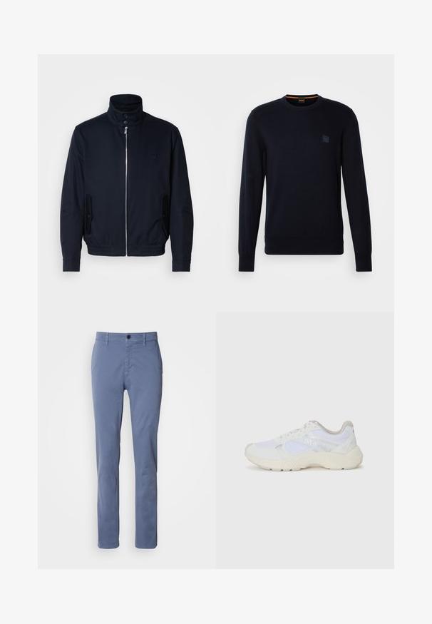 Marinblå jacka med hög krage, frontdragkedja, sidofickor och ribbade ärmar. Slät textur med en diskret logodetalj på bröstet.; Marinblå stickad tröja med långa ärmar, rundad halsringning, ribbade manschetter och nederkant, med en liten fyrkantig logotyp på bröstet.; Blå raka byxor med knapp- och dragkedjestängning, bältesöglor och framfickor, uppvisade mot en vit bakgrund.; Vitaidrottsskor i mesh och mocka med en strukturerad mellansula, texturerade accenter och "HUGO"-logotypen på sidan.