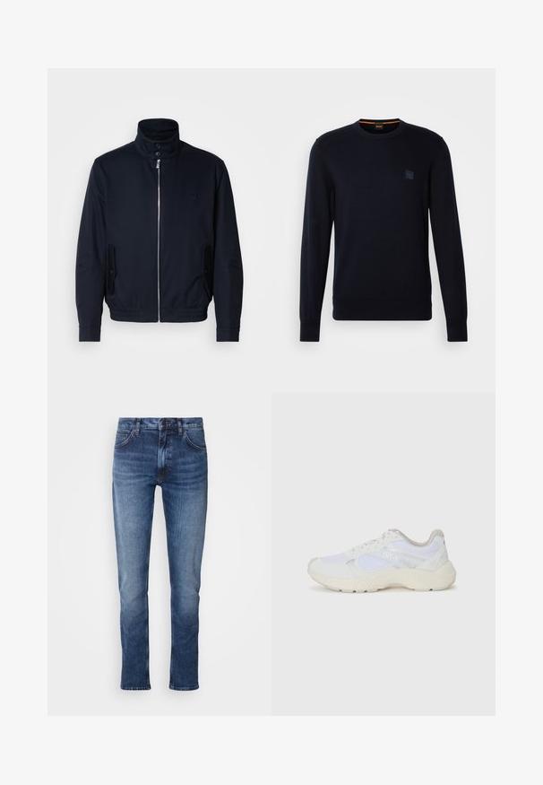 Jūras zils žakets ar augstu apkakli, priekšējo rāvējslēdzi, sānu kabatām un ribotajiem piedurknēm. Gluda tekstūra ar nelielu logotipa detaļu uz krūšu.; Tumši zils adīts džemperis ar garām piedurknēm, apaļu kakla izgriezumu, ribotu piedurkņu un apakšmalu, ar nelielu kvadrātveida logo uz krūtīm.; Denim bikses vidējā zilā krāsā, taisnas kājas dizains, ar pogas un rāvējslēdzēja aizdari, klasiskā piecu kabatu stila un maziem izlīdzināšanas akcentiem.; Baltas sporta apavi, kas izgatavoti no sieta un zamšāda, ar teksturētu starpzoli, teksturētām akcentēm un "HUGO" logo sānos.