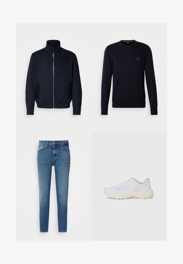 Navy blue jacket with a high collar, front zipper, side pockets, and ribbed cuffs. Smooth texture with a subtle logo detail on the chest.; Navy blue knit sweater with long sleeves, crew neckline, ribbed cuffs and hem, featuring a small square logo patch on the chest.; Light blue denim jeans with a straight cut, traditional five-pocket design, metal button closure, and subtle fading on the front.; White athletic shoes made of mesh and suede, featuring a textured midsole, textured accents, and "HUGO" logo on the side.