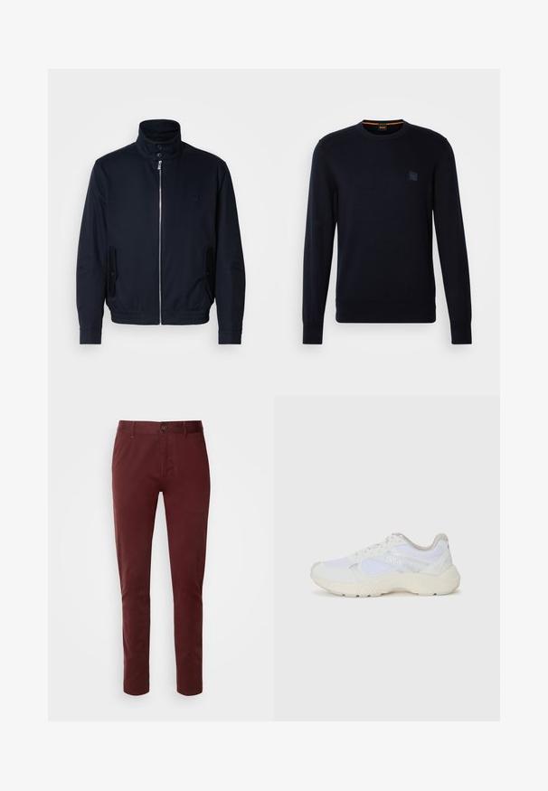 Mornarsko moder plašč z visokim ovratnikom, sprednjim zadrge, stranskimi žepi in rebrastimi manšetami. Gladka tekstura s subtilno detajlom logotipa na prsih.; Dolg rokav modro-črni pleteni pulover s krožnim izrezom, ribastimi manšetami in robom, na prsih pa je majhna kvadratna logotipna nalepka.; BOSS SLIM - Hlače chino - dark red; Bela športna obuvala iz mrežastega in semiš materiala, z teksturiranim podplatom, teksturiranimi dodatki in logotipom "HUGO" na strani.