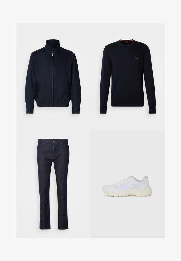 Marineblå jakke med høy krage, glidelås foran, sidelommer og ribbestrikkede mansjetter. Glatt tekstur med en subtil logo detaljer på brystet.; Marineblå strikkegenser med lange ermer, rund hals, ribbestrikkede mansjetter og nederkant, med et lite firkantet logo-patch på brystet.; Mørke denim bukser med en rak design, fem lommer, frontlukning med knap og metal detaljer. Blød tekstur.; Hvit idrettssko laget av mesh og skinn, med en teksturert mellomsåle, teksturerte detaljer og "HUGO"-logo på siden.