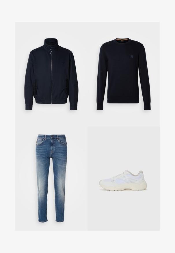 Casaco azul marinho com colarinho alto, fecho éclair frontal, bolsos laterais e punhos canelados. Textura suave com um detalhe logo discreto no peito.; Suéter de malha azul-marinho com mangas longas, decote redondo, punhos e bainha canelados, apresentando um pequeno patch logo quadrado no peito.; Jeans de ganga azul com um design de perna reta, desbotamento ligeiro, estilo clássico de cinco bolsos e fecho de zip com botão.; Ténis brancos desportivos feitos de malha e camurça, com uma entressola texturizada, elementos texturizados e o logótipo "HUGO" na lateral.