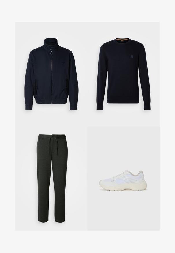 Námořnická modrá bunda s vysokým límcem, předním zipem, bočními kapsami a žebrovanými manžetami. Hladká textura s jemným logem na hrudi.; Námornícka modrá pletená mikina s dlhými rukávmi, okrúhlym výstrihom, rebrovanými manžetami a lemom, s malou štvorcovou nášivkou na hrudi.; Tmavo sivé tepláky vyrobené z mäkkej zmesi bavlny. Majú elastický pás s šnúrkou a bočné vrecká. Rovný strih.; Biele atletické topánky vyrobené z materiálov sieťoviny a semišu, s textúrovanou strednou podošvou, textúrovanými akcentmi a logom "HUGO" na boku.