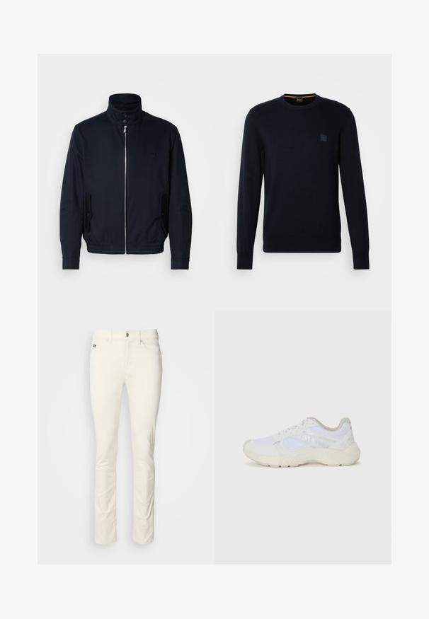 Marineblå jakke med høj krave, frontlynlås, sidelommer og ribstrikkede manchetter. Glat tekstur med en diskret logo detaljer på brystet.; Marineblå strikket trøje med lange ærmer, rund halsudskæring, ribbede manchetter og kant, med et lille firkantet logo-patch på brystet.; Hvide, lige ben bukser lavet af glat bomuldsstof. Har knaplukning, bæltestropper og forlommer. Minimalistisk design uden mønstre.; Hvide sportssko lavet af mesh og ruskind, med en struktureret mellemsål, strukturerede detaljer og "HUGO"-logoet på siden.