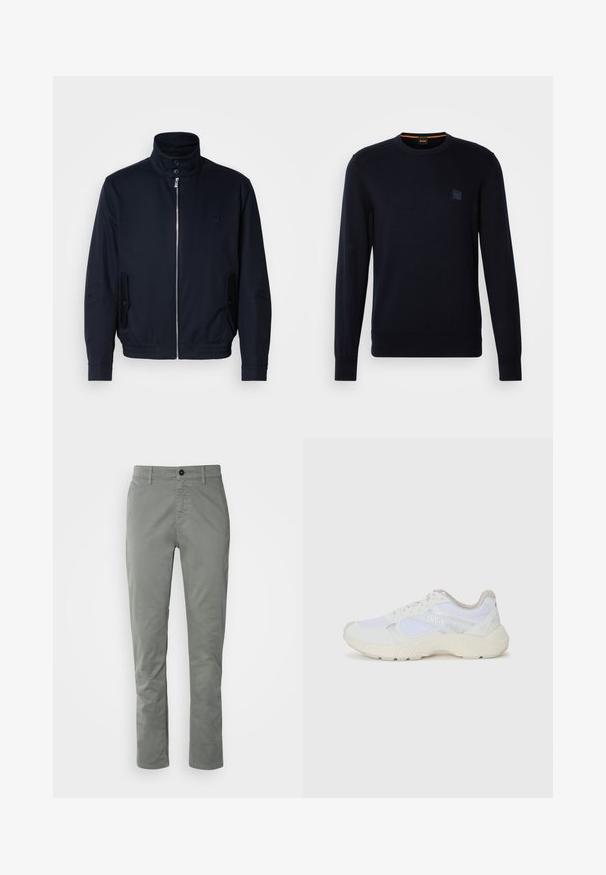Giacca blu navy con colletto alto, zip frontale, tasche laterali e polsini a coste. Texture liscia con un sottile dettaglio del logo sul petto.; Maglione in blu navy a maglia con maniche lunghe, scollo rotondo, polsini e orlo a costine, con un piccolo logo quadrato sulla parte anteriore.; BOSS CHINO - Chino - open grey; Scarpe da ginnastica bianche in mesh e suede, con una suola intermedia testurizzata, dettagli testurizzati e il logo "HUGO" sul lato.