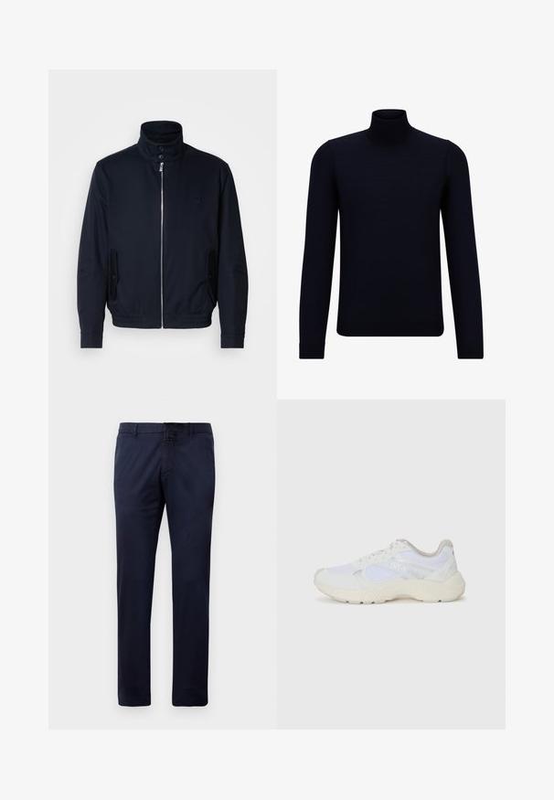 Tengerészkék dzseki magas gallérral, elülső cipzárral, oldalsó zsebekkel és bordázott mandzsettákkal. Sima felület, amelyen diszkrét logórészlet található a mellrészen.; Sötét navy kék garbó pulóver, finom kötött anyagból, hosszú ujjal és testhezálló, magas nyakkal. Nincsenek látható minták vagy díszítések.; Tengerészkék egyenes szárú nadrág övakasztókkal, elől gombos záródással és oldalsó zsebekkel, fehér háttér előtt bemutatva.; Fehér sportcipők, amelyek hálós és velúr anyagból készültek, texturált középtalppal, texturált részletekkel és a "HUGO" logóval az oldalon.