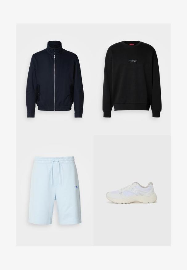 Marineblauwe jas met hoge kraag, voorsluiting met rits, zijzakken en ribgebreide manchetten. Gladde textuur met een subtiele logo-detail op de borst.; Zwarte lange mouw crewneck sweatshirt met kleine, centraal geplaatste "hugo" tekst in lichtblauw op de borst, geribbelde manchetten en zoom.; Lichtblauwe katoenen shorts met een elastische tailleband en een trekkoord. Beschikt over zijzakken en een klein blauw logo op de voorkant.; Witte sportief schoenen van mesh en suede, met een gestructureerde tussenzool, gestructureerde accenten en het "HUGO" logo aan de zijkant.
