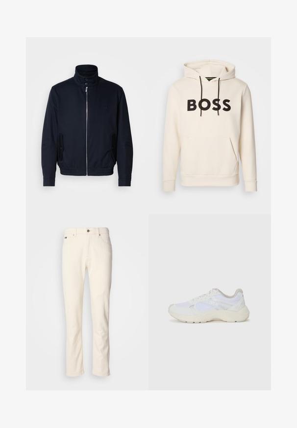Veste bleu marine avec un col haut, fermeture éclair à l'avant, poches latérales et poignets côtelés. Texture lisse avec un détail logo subtil sur la poitrine.; Hoodie couleur crème avec le texte noir "BOSS" sur la poitrine, des cordons de serrage noirs et une poche kangourou à l'avant.; Jean droit écru avec fermeture à bouton, passants de ceinture et poches avant sur fond uni.; Baskets de sport blanches en mesh et en daim, avec une semelle intermédiaire texturée, des accents texturés et le logo "HUGO" sur le côté.