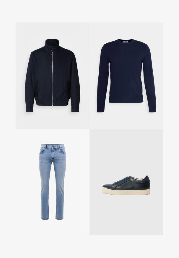 Tumesinine jope, millel on kõrge krae, ees tõmblukk, küljetaskud ja soonikkoes varrukad. Sile tekstuur koos õrnalt logo detailiga rinna piirkonnas.; Tumedat navy-sinise värvi ümarkaelusega soojusjakid, mis on valmistatud pehmest kangast, pikkade varrukate ja ribakujulise alläärega. Pole nähtavaid mustreid ega kaunistusi.; Heledad sinine denimist teksapüksid, kitsas lõige, viie taskuga ja sirge jalaga disain. Omab tõmblukkuga lukkuklappi ja vöörihmasid. Pehme tekstuur.; Tumedat sinised nahast spordijalatsid kreemja kummitaldiga, siniste paeltega ja siledast tekstuurist. Ümar varvas ja minimalistlik disain.