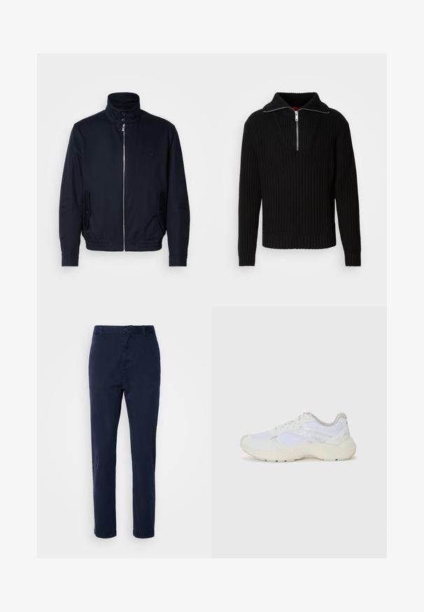 Laivansinis takki, jossa on korkea kaulus, edessä vetoketju, sivutaskut ja ribattu hihansuu. Sileä pinta, jossa on hienovarainen logo-ominaisuus rinnassa.; Musta ribbattu neule, jossa on korkea kaulus ja lyhyt vetskari. Sen kankaan pinta on teksturoitu ja hihansuissa on tiukka istuvuus, mikä luo rakenteellisen siluetin.; Tummansinisiä chino-housuja, jotka on valmistettu kevyestä kankaasta. Housuissa on suora lahkeiden muotoilu, napilla suljettava vyötärö ja sivutaskut. Pintakuvio on sileä ilman kuvioita.; Valkoiset urheilukengät, jotka on valmistettu verkkokankaasta ja mokasta, sisältävät tekstuurillisen välipohjan, teksturoituja yksityiskohtia ja "HUGO"-logon sivussa.