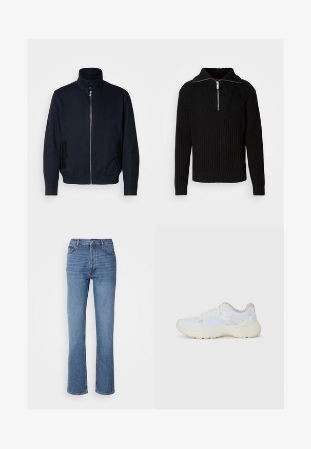 Jūras zils žakets ar augstu apkakli, priekšējo rāvējslēdzi, sānu kabatām un ribotajiem piedurknēm. Gluda tekstūra ar nelielu logotipa detaļu uz krūšu.; Melna ribota džemperis ar augstu apkakli un īsu rāvējslēdzēju. Iezīmējas ar teksturētu audumu un pieguļošām aprocēm, radot strukturētu siluetu.; Zilā denima bikses ar augstu jostasvietu, taisnas kājas dizainu un vieglu nolietojumu. Satur klasisku piecu kabatu stilu un ar rāvējslēdzēju aizdari.; Baltas sporta apavi, kas izgatavoti no sieta un zamšāda, ar teksturētu starpzoli, teksturētām akcentēm un "HUGO" logo sānos.