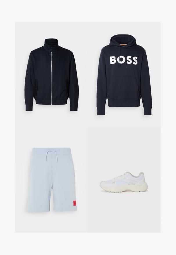 Námořnická modrá bunda s vysokým límcem, předním zipem, bočními kapsami a žebrovanými manžetami. Hladká textura s jemným logem na hrudi.; Námornícky modrá bavlnená mikina s kapucňou, s predným kangaroo vreckom, bielym logom "BOSS", nastaviteľnou šnúrkou a rebrovanými manžetami. Hladký povrch.; Svetlo modré bavlnené kraťasy s elastickým pásom a šnúrkou, na ľavej strane s červenou nášivkou. Hladká textúra.; Biele atletické topánky vyrobené z materiálov sieťoviny a semišu, s textúrovanou strednou podošvou, textúrovanými akcentmi a logom "HUGO" na boku.