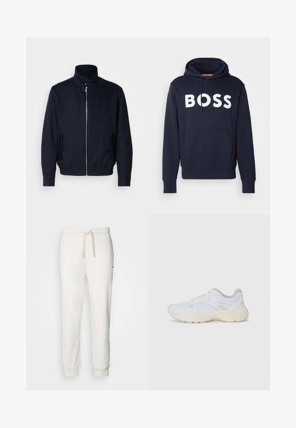Marineblaue Jacke mit hohem Kragen, Vorderreißverschluss, seitlichen Taschen und gerippten Bündchen. Glatte Textur mit einem dezenten Logodetail auf der Brust.; Marineblaue Baumwollkapuzenjacke mit vorderer Kängurutasche, weißem "BOSS"-Logo, verstellbarem Zugband und gerippten Bündchen. Glatte Textur.; HUGO DAYOTE - Jogginghose - natural; Weiße Sportschuhe aus Mesh und Wildleder, mit einer strukturierten Zwischensohle, strukturierten Akzenten und dem "HUGO"-Logo an der Seite.