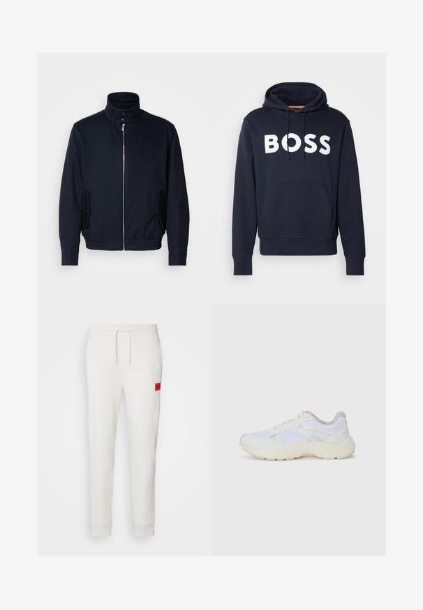 Marineblauwe jas met hoge kraag, voorsluiting met rits, zijzakken en ribgebreide manchetten. Gladde textuur met een subtiele logo-detail op de borst.; Marineblauwe katoenen hoodie met voorste kangaroozak, witte "BOSS"-logo, verstelbare koord en geribbelde boorden. Soepele textuur.; HUGO DOAK - Trainingsbroek - natur; Witte sportief schoenen van mesh en suede, met een gestructureerde tussenzool, gestructureerde accenten en het "HUGO" logo aan de zijkant.