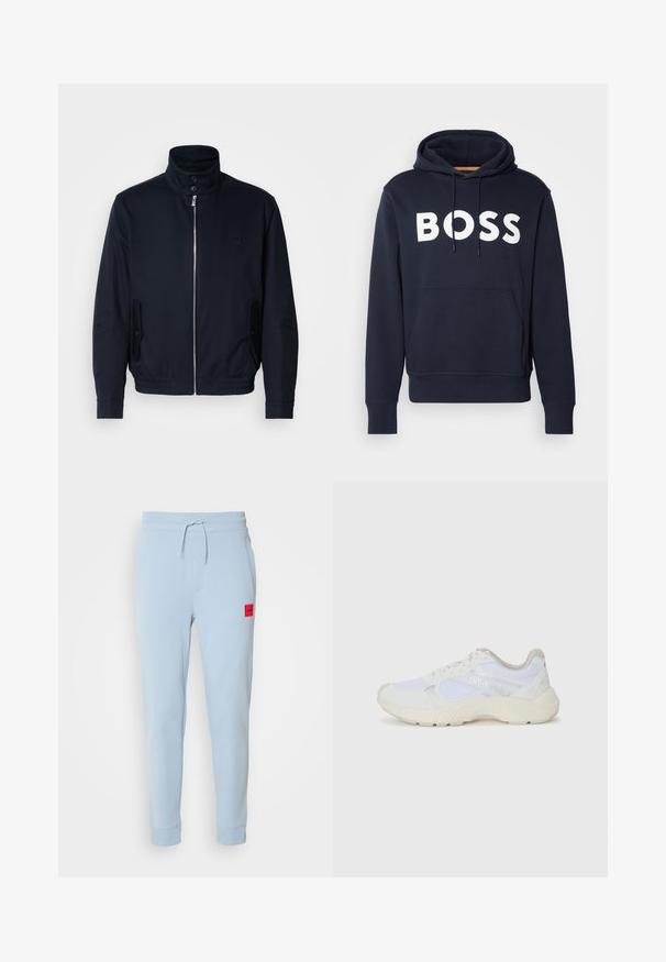 Granatowa kurtka z wysokim kołnierzem, przednim zamkiem, bocznymi kieszeniami i ściągaczami na mankietach. Gładka tekstura z subtelnym logo na klatce piersiowej.; Granatowa bawełniana bluza z kapturem z przednią kieszenią typu kangur, białym logo "BOSS", regulowanym sznurkiem i ściągaczami na rękawach. Gładka tekstura.; Jasnoniebieskie dresowe spodnie bawełniane z elastycznym pasem ze sznurkiem, bocznymi kieszeniami oraz małą czerwoną naszywką z logo po lewej stronie. Dopasowane mankiety przy kostkach.; Białe sportowe buty wykonane z siateczki i zamszu, z teksturowaną podeszwą środkową, teksturowanymi akcentami i logo "HUGO" z boku.