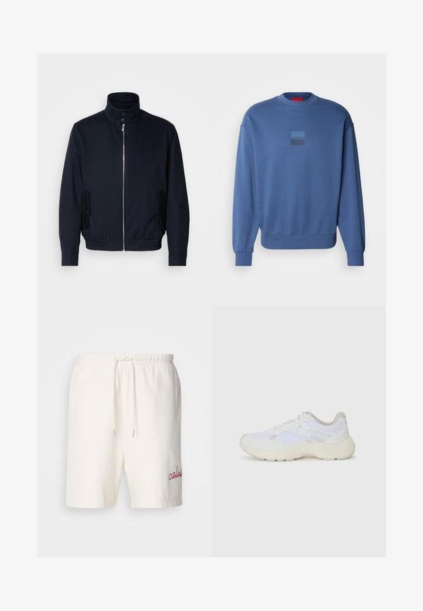 Veste bleu marine avec un col haut, fermeture éclair à l'avant, poches latérales et poignets côtelés. Texture lisse avec un détail logo subtil sur la poitrine.; Sweat-shirt bleu en tissu doux, avec un col rond, des poignets côtelés et un petit logo carré en dégradé sur le devant.; Shorts en coton blanc avec une taille élastique et un cordon de serrage. Présente un "calvin" rouge brodé sur la jambe gauche. Texture douce, design simple.; Baskets de sport blanches en mesh et en daim, avec une semelle intermédiaire texturée, des accents texturés et le logo "HUGO" sur le côté.