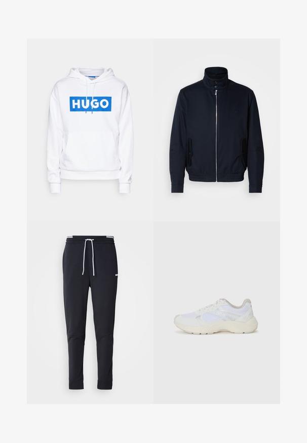 Námořnická modrá bunda s vysokým límcem, předním zipem, bočními kapsami a žebrovanými manžetami. Hladká textura s jemným logem na hrudi.; Biela mikina s prednou klokanou kapsou, s modrou obdĺžnikovou grafikou, na ktorej je v tučnom bielom písme napísané "HUGO". Sťahovacie šnúrky pri kapucni.; Čierne slim-fit jogger nohavice s bielym šnurovaním, elastickým pásom s bielymi pruhmi a malým bielym logom na hornej stehne.; Biele atletické topánky vyrobené z materiálov sieťoviny a semišu, s textúrovanou strednou podošvou, textúrovanými akcentmi a logom "HUGO" na boku.