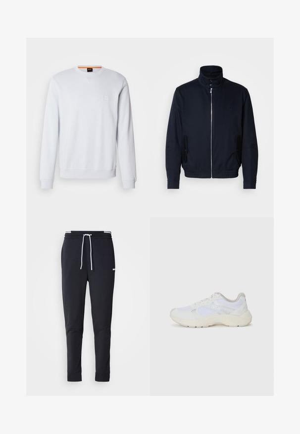 Casaco azul marinho com colarinho alto, fecho éclair frontal, bolsos laterais e punhos canelados. Textura suave com um detalhe logo discreto no peito.; Sweatshirt branco com mangas longas, decote redondo e um discreto logotipo. Textura suave e punhos e barra canelados para um ajuste justo.; Calças de jogger ajustadas pretas com cordão branco, cintura elástica com riscas brancas e pequeno logo branco na parte superior da coxa.; Ténis brancos desportivos feitos de malha e camurça, com uma entressola texturizada, elementos texturizados e o logótipo "HUGO" na lateral.