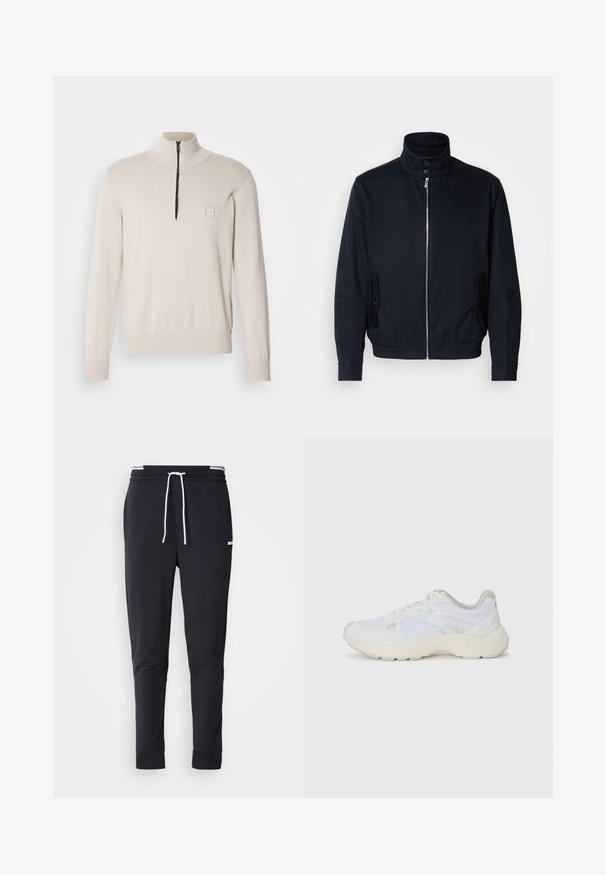 Navy blue jacket with a high collar, front zipper, side pockets, and ribbed cuffs. Smooth texture with a subtle logo detail on the chest.; Light beige sweater with quarter-zip collar, knit texture, and a small logo patch on the chest. Fitted cuffs and ribbed waistband.; Black slim-fit jogger pants with white drawstring, elastic waistband with white stripes, and small white logo on the upper thigh.; White athletic shoes made of mesh and suede, featuring a textured midsole, textured accents, and "HUGO" logo on the side.