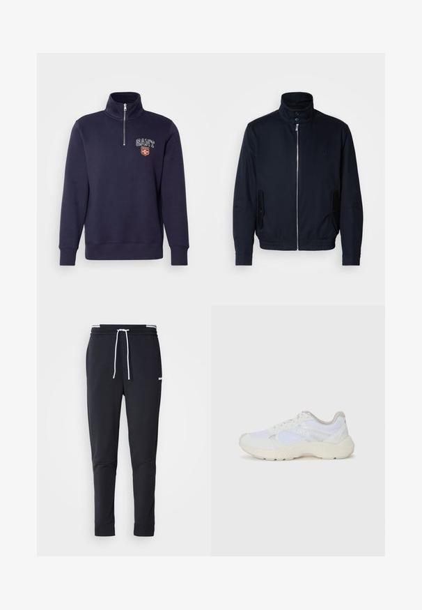 Námořnická modrá bunda s vysokým límcem, předním zipem, bočními kapsami a vroubkovanými manžetami. Hladká textura s jemným logem na hrudi.; Námořnický modrý svetr s vysokým límcem, zipem vpředu a žebrovanými manžetami. Na hrudi je logo "GANT" a emblém ve tvaru štítu.; Černé slim-fit jogger kalhoty s bílým stahovacím proužkem, elastickým pasem s bílými pruhy a malým bílým logem na horní části stehna.; Bílé sportovní boty vyrobené z síťoviny a semiše, s texturovanou mezipodešví, texturovanými akcenty a logem "HUGO" na boku.