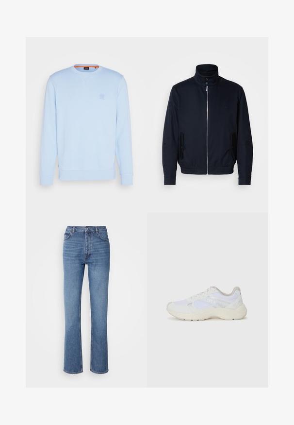 Marinblå jacka med hög krage, frontdragkedja, sidofickor och ribbade ärmar. Slät textur med en diskret logodetalj på bröstet.; BOSS WESTART - Sweatshirt - open blue; Blå denimjeans med hög midja, rak bendesign och subtila blekningar. Har klassisk femficksdesign och dragkedja.; Vitaidrottsskor i mesh och mocka med en strukturerad mellansula, texturerade accenter och "HUGO"-logotypen på sidan.