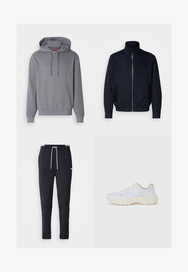 Giacca blu navy con colletto alto, zip frontale, tasche laterali e polsini a coste. Texture liscia con un sottile dettaglio del logo sul petto.; Felpa grigia con tasca a marsupio, cappuccio con cordino e polsini a costine. Presenta una discreta brandizzazione "HUGO" sul petto. Tessuto morbido.; Pantaloni jogger slim-fit neri con cordoncino bianco, vita elastica con strisce bianche e piccolo logo bianco sulla coscia superiore.; Scarpe da ginnastica bianche in mesh e suede, con una suola intermedia testurizzata, dettagli testurizzati e il logo "HUGO" sul lato.