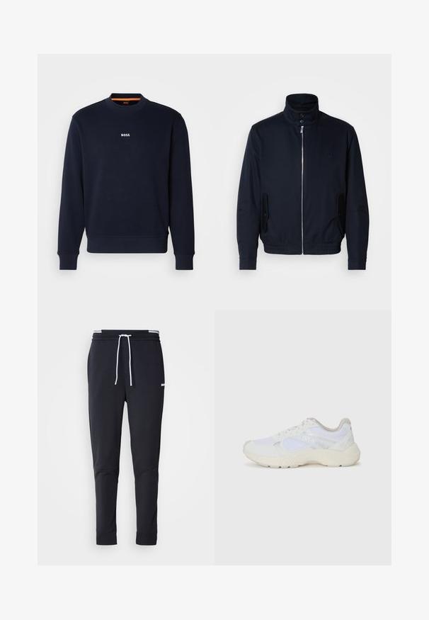 Casaco azul marinho com colarinho alto, fecho éclair frontal, bolsos laterais e punhos canelados. Textura suave com um detalhe logo discreto no peito.; Sweatshirt azul-marinho feito de tecido suave, com decote redondo e punhos canelados, com a palavra "BOSS" impressa em branco no peito.; Calças de jogger ajustadas pretas com cordão branco, cintura elástica com riscas brancas e pequeno logo branco na parte superior da coxa.; Ténis brancos desportivos feitos de malha e camurça, com uma entressola texturizada, elementos texturizados e o logótipo "HUGO" na lateral.