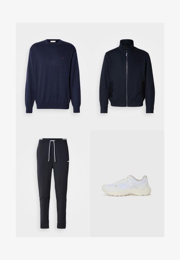 Tamsiai mėlyna striukė su aukšta apykakle, priekine užtrauktuku, šoninėmis kišenėmis ir gipiūriniais rankogaliais. Lygus paviršius su subtiliu logotipu ant krūtinės.; Tamsiai mėlynas megztinis, pagamintas iš minkštos megztos medžiagos, su apvalia kaklo iškirptele, ilgomis rankovėmis ir mažuoju raudonu logotipu ant krūtinės. Elastingi rankogaliai ir apatinė dalis.; Juodi liekni džinsai su balta raišteliu, elastinga juosmens juosta su baltais raštais ir maža balta logotipu viršutiniame šlaunies taške.; Balti sportiniai bateliai, pagaminti iš tinklinės medžiagos ir zomšos, su tekstūruotu viduriu, tekstūruotais akcentais ir „HUGO“ logotipu šone.