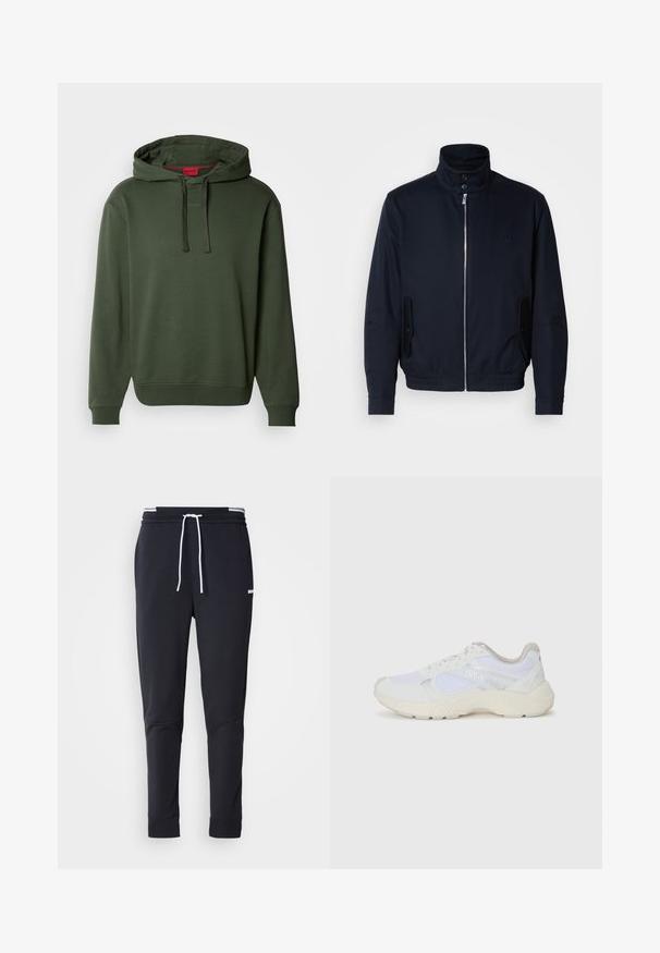 Giacca blu navy con colletto alto, zip frontale, tasche laterali e polsini a coste. Texture liscia con un sottile dettaglio del logo sul petto.; Felpa verde oliva con tasca a marsupio frontale, polsini e fondo a costine. Presenta cordini e un logo discreto sul petto.; Pantaloni jogger slim-fit neri con cordoncino bianco, vita elastica con strisce bianche e piccolo logo bianco sulla coscia superiore.; Scarpe da ginnastica bianche in mesh e suede, con una suola intermedia testurizzata, dettagli testurizzati e il logo "HUGO" sul lato.
