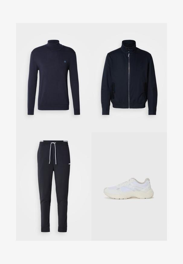 Marineblaue Jacke mit hohem Kragen, Vorderreißverschluss, seitlichen Taschen und gerippten Bündchen. Glatte Textur mit einem dezenten Logodetail auf der Brust.; Scotch & Soda TURTLENECK SWEATER - Strickpullover - night; Schwarze Slim-Fit-Jogginghose mit weißem Kordelzug, elastischem Bund mit weißen Streifen und kleinem weißen Logo am oberen Oberschenkel.; Weiße Sportschuhe aus Mesh und Wildleder, mit einer strukturierten Zwischensohle, strukturierten Akzenten und dem "HUGO"-Logo an der Seite.