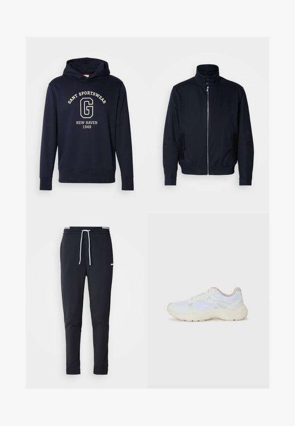 Giacca blu navy con colletto alto, zip frontale, tasche laterali e polsini a coste. Texture liscia con un sottile dettaglio del logo sul petto.; Felpa blu navy in cotone, con tasca frontale, polsini a coste e stampa grafica con "GANT SPORTSWEAR" e "NEW HAVEN 1949."; Pantaloni jogger slim-fit neri con cordoncino bianco, vita elastica con strisce bianche e piccolo logo bianco sulla coscia superiore.; Scarpe da ginnastica bianche in mesh e suede, con una suola intermedia testurizzata, dettagli testurizzati e il logo "HUGO" sul lato.