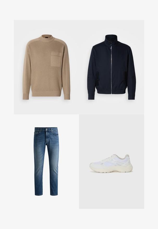 Laivansinis takki, jossa on korkea kaulus, edessä vetoketju, sivutaskut ja ribattu hihansuu. Sileä pinta, jossa on hienovarainen logo-ominaisuus rinnassa.; Beige neulotut neulepusero, jossa on pitkät hihat, ribattuja kaula-aukko ja hihansuut, sekä tasku vasemmassa rinnassa.; Tumma sinisiä farkkuja suoran leikkauksen, viisipaikkasuunnittelun, vaalean haalistuman reidissä ja yksittäisen nappisulun vyötäröllä.; Valkoiset urheilukengät, jotka on valmistettu verkkokankaasta ja mokasta, sisältävät tekstuurillisen välipohjan, teksturoituja yksityiskohtia ja "HUGO"-logon sivussa.