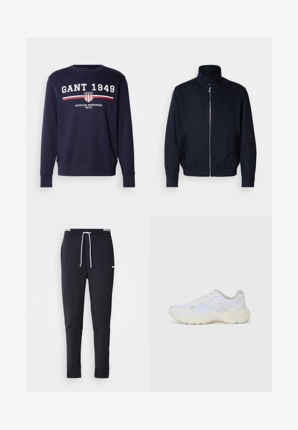 Chaqueta azul marino con un alto cuello, cierre frontal, bolsillos laterales y puños acanalados. Textura suave con un sutil detalle de logo en el pecho.; Sudadera de color azul marino hecha de algodón, con cuello redondo. Logo impreso "GANT 1949" con escudo y rayas en rojo y blanco.; Pantalones jogger ajustados negros con cordón blanco, cinturilla elástica con rayas blancas y pequeño logotipo blanco en el muslo superior.; Zapatillas deportivas blancas hechas de malla y ante, con una entresuela texturizada, acentos texturizados y el logo "HUGO" en el lateral.