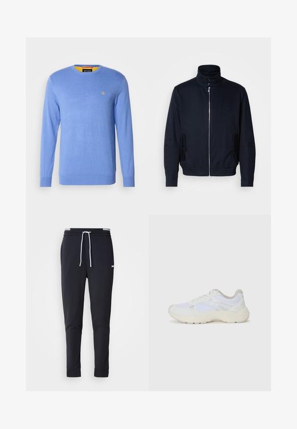 Marineblauwe jas met hoge kraag, voorsluiting met rits, zijzakken en ribgebreide manchetten. Gladde textuur met een subtiele logo-detail op de borst.; Lichtblauwe gebreide trui met lange mouwen, ronde hals; heeft een klein gouden embleem op de borst en een contrasterende gele binnenkraag.; Zwarte slim-fit joggerbroek met witte trekkoord, elastische tailleband met witte strepen en klein wit logo op het bovenbeen.; Witte sportief schoenen van mesh en suede, met een gestructureerde tussenzool, gestructureerde accenten en het "HUGO" logo aan de zijkant.