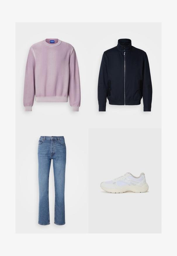 Marineblauwe jas met hoge kraag, voorsluiting met rits, zijzakken en ribgebreide manchetten. Gladde textuur met een subtiele logo-detail op de borst.; Lila gebreide trui met een ronde hals, ribgebreide manchetten en zoom, met subtiele naaddetails op de schouders en een zachte textuur.; Blauwe denim jeans met een hoge taille, een recht pasvorm en subtiele vervaging. Kenmerkt zich door de klassieke vijf-pocketstijl en een ritssluiting.; Witte sportief schoenen van mesh en suede, met een gestructureerde tussenzool, gestructureerde accenten en het "HUGO" logo aan de zijkant.