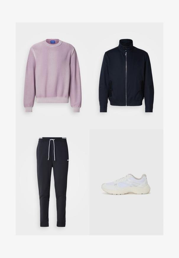 Tamno plava jakna s visokim ovratnikom, prednjim patentnim zatvaračem, bočnim džepovima i rebrastim manžetama. Glatka tekstura s suptilnim logotipom na prsima.; Lila pletena majica s okruglim izrezom, rebrastim manžetama i donjim rubom, s suptilnim šavnim detaljima na ramenima i mekanom teksturom.; Crni uski jogger hlače s bijelim vezicom, elastičnim pojasom s bijelim prugama i malim bijelim logotipom na gornjem bedrima.; Bijele atletske tenisice napravljene od mrežastog materijala i kože antilop, s teksturiranom srednjom potplatom, teksturiranim detaljima i "HUGO" logotipom sa strane.