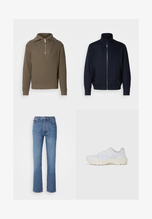 Marineblauwe jas met hoge kraag, voorsluiting met rits, zijzakken en ribgebreide manchetten. Gladde textuur met een subtiele logo-detail op de borst.; Bruine geribbelde pullover met een halve rits en een brede kraag. Heeft een gestructureerde stof en een iets verkorte zoom. Eenvoudig ontwerp.; Blauwe denim jeans met een hoge taille, een recht pasvorm en subtiele vervaging. Kenmerkt zich door de klassieke vijf-pocketstijl en een ritssluiting.; Witte sportief schoenen van mesh en suede, met een gestructureerde tussenzool, gestructureerde accenten en het "HUGO" logo aan de zijkant.