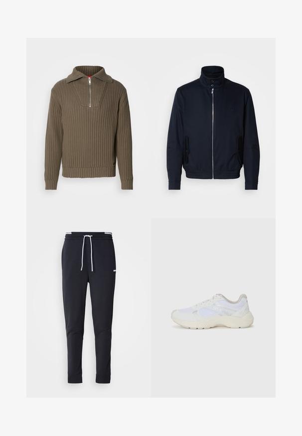Jūras zils žakets ar augstu apkakli, priekšējo rāvējslēdzi, sānu kabatām un ribotajiem piedurknēm. Gluda tekstūra ar nelielu logotipa detaļu uz krūšu.; Brūns ribots džemperis ar pusplati rāvējslēdzēju un platu apkakli. Raksturīga teksturēta auduma struktūra un nedaudz samazināts hem. Vienkāršs dizains.; Melnas pieguļošas jogger bikses ar baltu auklu, elastīgu jostasvietu ar baltām svītrām un mazu baltu logotipu augšstilbā.; Baltas sporta apavi, kas izgatavoti no sieta un zamšāda, ar teksturētu starpzoli, teksturētām akcentēm un "HUGO" logo sānos.