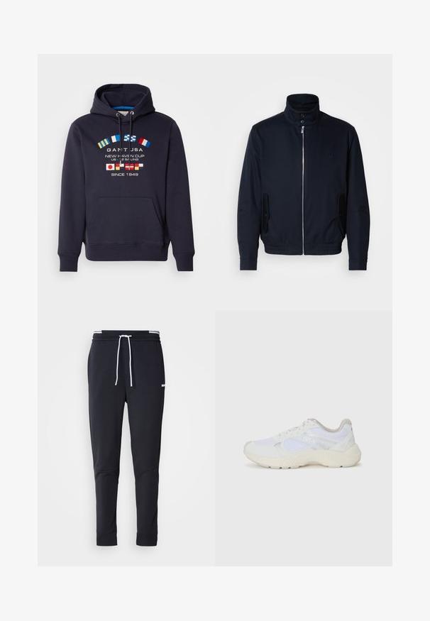 Casaco azul marinho com colarinho alto, fecho éclair frontal, bolsos laterais e punhos canelados. Textura suave com um detalhe logo discreto no peito.; Sweatshirt azul-marinho com cordão, apresentando bandeiras náuticas bordadas e o texto "GANT USA NEW HAVEN CUP" em várias cores. Bolso canguru frontal.; Calças de jogger ajustadas pretas com cordão branco, cintura elástica com riscas brancas e pequeno logo branco na parte superior da coxa.; Ténis brancos desportivos feitos de malha e camurça, com uma entressola texturizada, elementos texturizados e o logótipo "HUGO" na lateral.