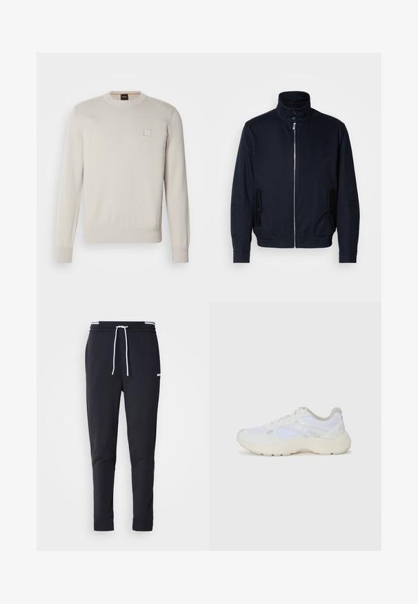 Marineblå jakke med høy krage, glidelås foran, sidelommer og ribbestrikkede mansjetter. Glatt tekstur med en subtil logo detaljer på brystet.; Lys beige strikkegenser med lange ermer, rund hals, ribbet nederkant og ermer, med et lite rektangulært logo på brystet.; Sorte slim-fit joggebukser med hvit snor, elastisk midjebånd med hvite striper, og en liten hvit logo på overlåret.; Hvit idrettssko laget av mesh og skinn, med en teksturert mellomsåle, teksturerte detaljer og "HUGO"-logo på siden.