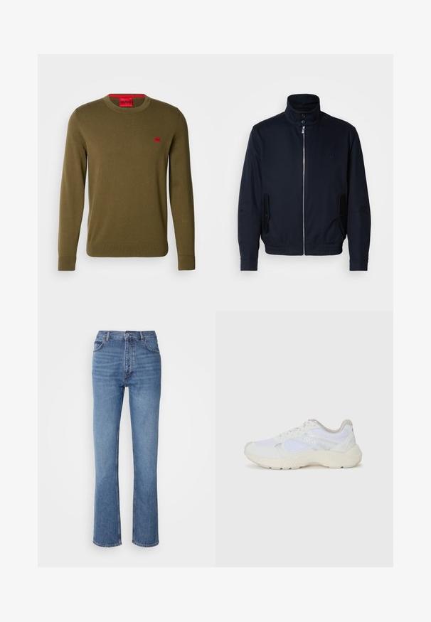 Granatowa kurtka z wysokim kołnierzem, przednim zamkiem, bocznymi kieszeniami i ściągaczami na mankietach. Gładka tekstura z subtelnym logo na klatce piersiowej.; Oliwkowy sweter z miękkiej dzianiny. Posiada okrągły dekolt, ściągacze przy rękawach oraz małą czerwoną naszywkę z logo na piersi.; Niebieskie dżinsy o wysokim stanie, prostym kroju nogawek i subtelnych przetarciach. Posiadają klasyczny pięciopakowy styl oraz zamek błyskawiczny.; Białe sportowe buty wykonane z siateczki i zamszu, z teksturowaną podeszwą środkową, teksturowanymi akcentami i logo "HUGO" z boku.