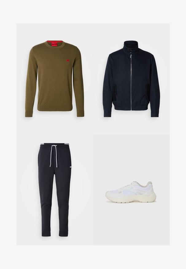 Chaqueta azul marino con un alto cuello, cierre frontal, bolsillos laterales y puños acanalados. Textura suave con un sutil detalle de logo en el pecho.; Jersey en color verde oliva fabricado en una suave textura. Cuenta con un cuello redondo, puños acanalados y un pequeño parche de logo rojo en el pecho.; Pantalones jogger ajustados negros con cordón blanco, cinturilla elástica con rayas blancas y pequeño logotipo blanco en el muslo superior.; Zapatillas deportivas blancas hechas de malla y ante, con una entresuela texturizada, acentos texturizados y el logo "HUGO" en el lateral.