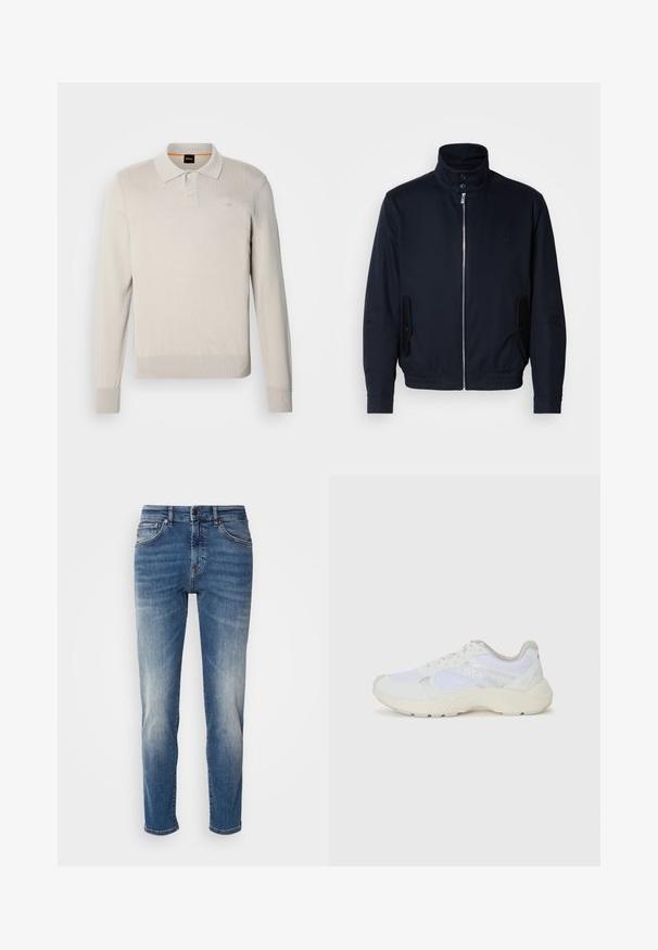Casaco azul marinho com colarinho alto, fecho éclair frontal, bolsos laterais e punhos canelados. Textura suave com um detalhe logo discreto no peito.; Camisa polo de manga longa em bege claro, feita de um material de malha suave, com uma abertura de três botões e punhos e barra canelados. Detalhe do logótipo discreto.; Jeans de ganga azul com um design de perna reta, desbotamento ligeiro, estilo clássico de cinco bolsos e fecho de zip com botão.; Ténis brancos desportivos feitos de malha e camurça, com uma entressola texturizada, elementos texturizados e o logótipo "HUGO" na lateral.