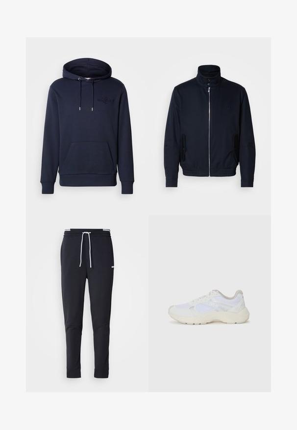 Chaqueta azul marino con un alto cuello, cierre frontal, bolsillos laterales y puños acanalados. Textura suave con un sutil detalle de logo en el pecho.; Sudadera color azul marino hecha de mezcla de algodón, con un bolsillo frontal tipo canguro, cordones ajustables, puños acanalados y detalle de logo en relieve.; Pantalones jogger ajustados negros con cordón blanco, cinturilla elástica con rayas blancas y pequeño logotipo blanco en el muslo superior.; Zapatillas deportivas blancas hechas de malla y ante, con una entresuela texturizada, acentos texturizados y el logo "HUGO" en el lateral.